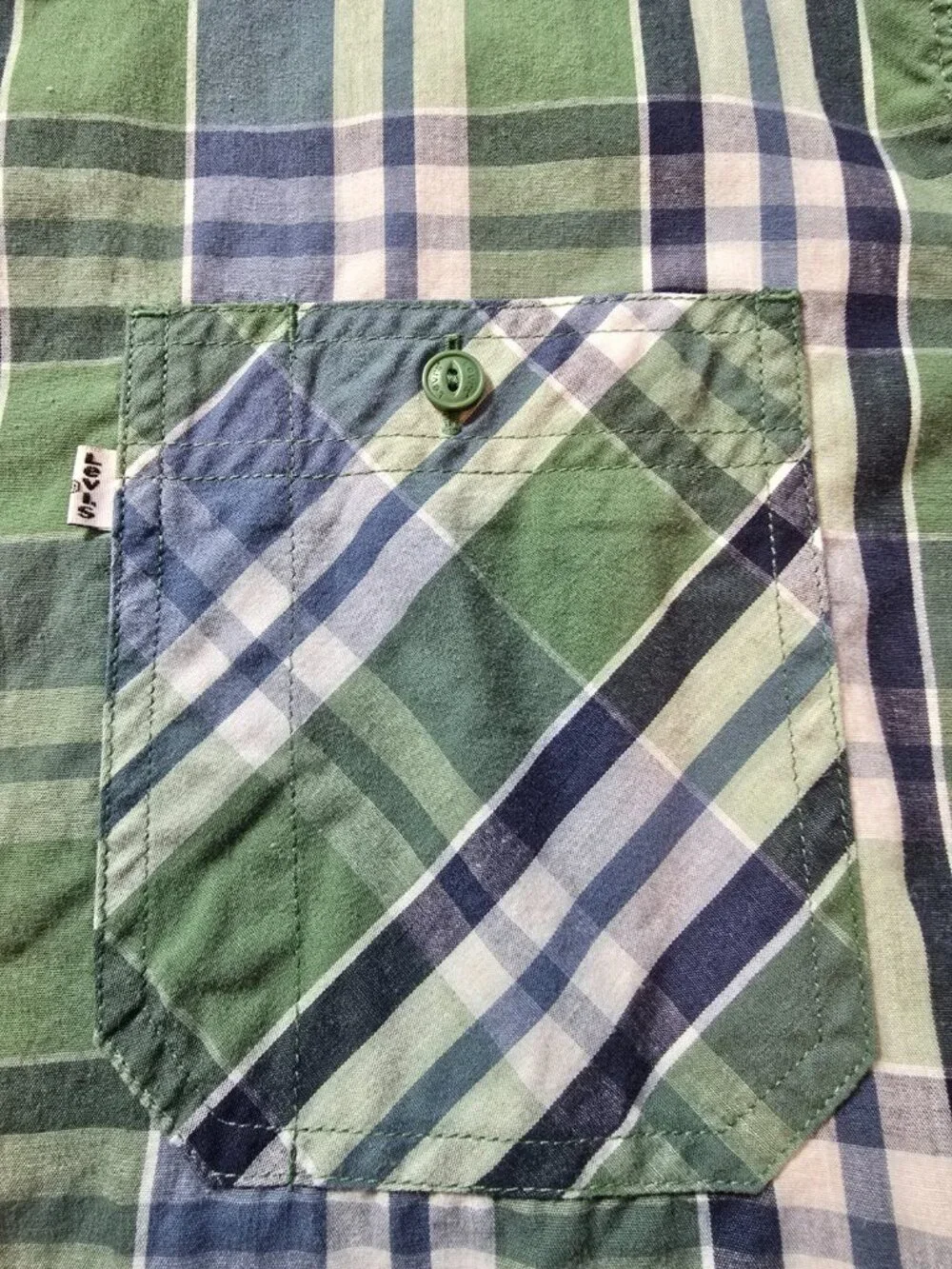 Levi's Mens Shirt Large Short Sleeve Plaid Button Up Green Blue White RN 117508
